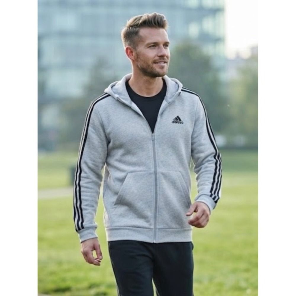 Adidas Mens ClimaWarm Full Zip Hoodie Gray 3-Stripe Athletic Sweatshirt M